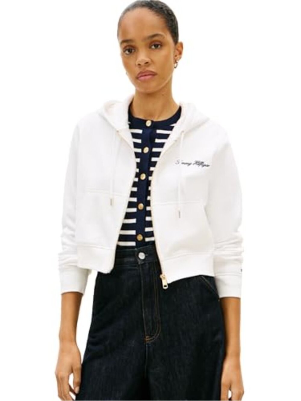 Cropped Full Zip Hoodie Sweatshirt Drawstring Pockets Long Sleeve